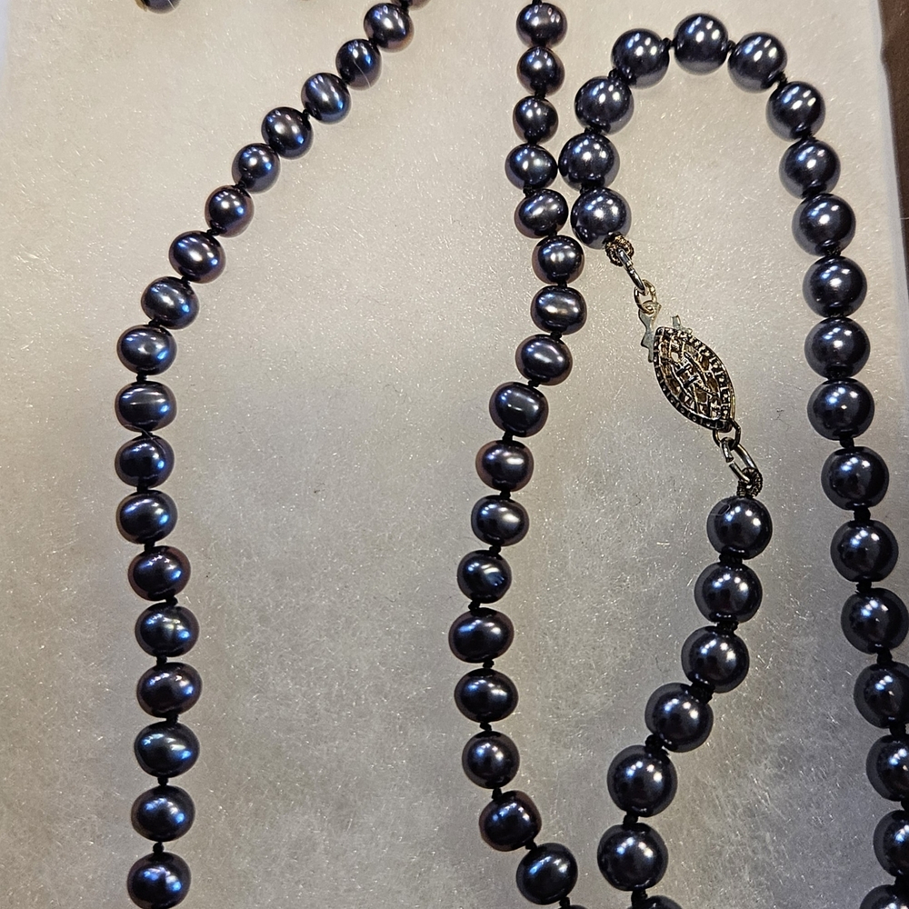 Elegant Dark Purple Pearl Necklace, Earrings and Bracelet
